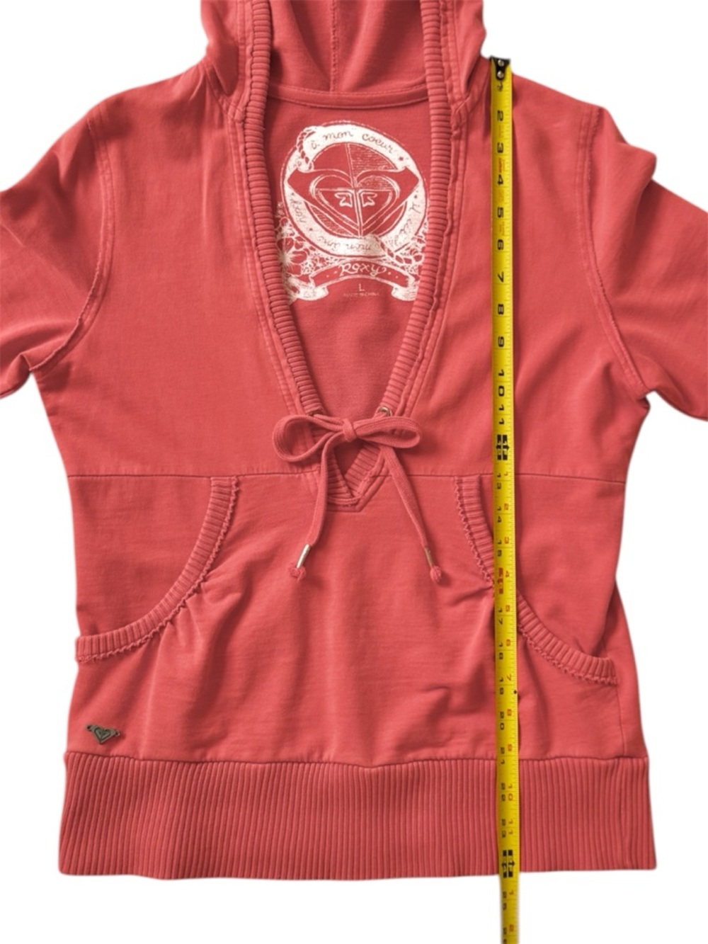 Roxy Short Sleeve Hoodie Burnt Orange Pockets V Neck Size M - Picture 7 of 10